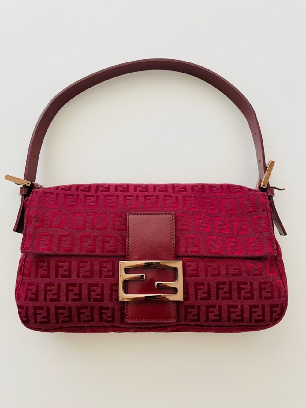 FENDI ZUCCHINO FF BAGUETTE BAG BURGUNDY RED